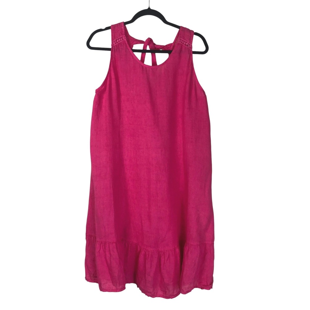 Terzo Millennio Womens Linen Midi Dress Tie Back Ruffle Hem Size M Pink Vacation